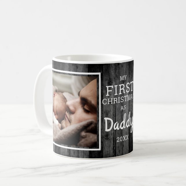 Rustic  Black Wood Daddy's First Christmas 2 Photo Coffee Mug (Front Left)