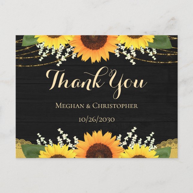 Rustic Black Wood Gold Sunflower Wedding Thank You Postcard (Front)