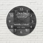 Rustic Black Wood Love Quote Wedding Anniversary Large Clock<br><div class="desc">Wedding anniversary clock with  a romantic quote 'I'm in love with every moment I spent with you' to express your love.Personalize with name and year.</div>