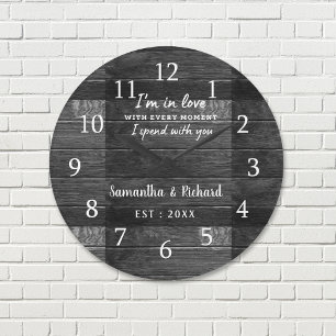 Rustic Black Wood Love Quote Wedding Anniversary Large Clock