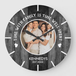 Rustic Black Wood One Photo Family Time Quote Large Clock
