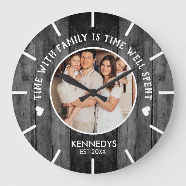 Rustic Black Wood One Photo Family Time Quote Large Clock (Front)