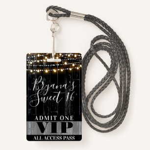 Rustic Black Wood String Lights Sweet 16 VIP Pass ID Badge