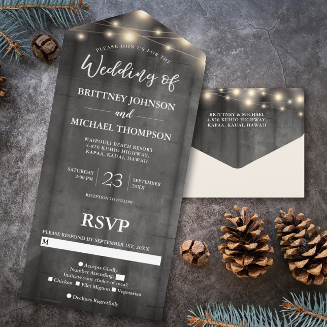 Rustic Black Wood String Lights Wedding  All In One Invitation (Creator Uploaded)