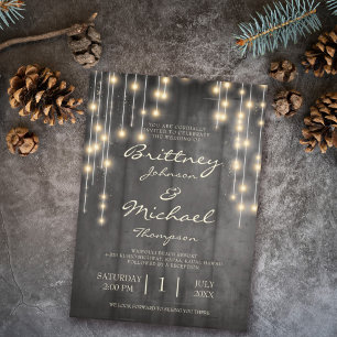 Rustic Black Wood String Lights Wedding Invitation