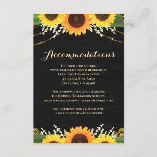 Rustic Black Wood Sunflower Wedding Accommodations Enclosure Card