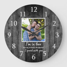 Rustic Black Wood Wedding Anniversary Love Photo Large Clock