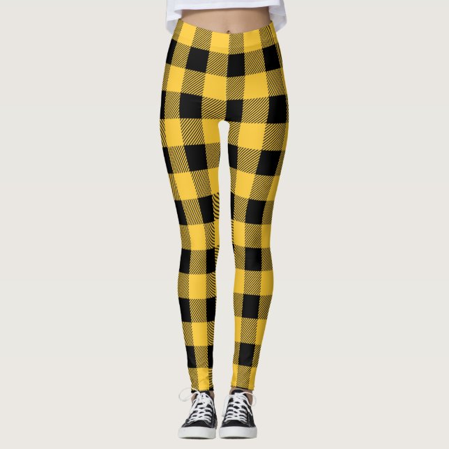Rustic Black & Yellow Buffalo Plaid Modern Leggings (Front)