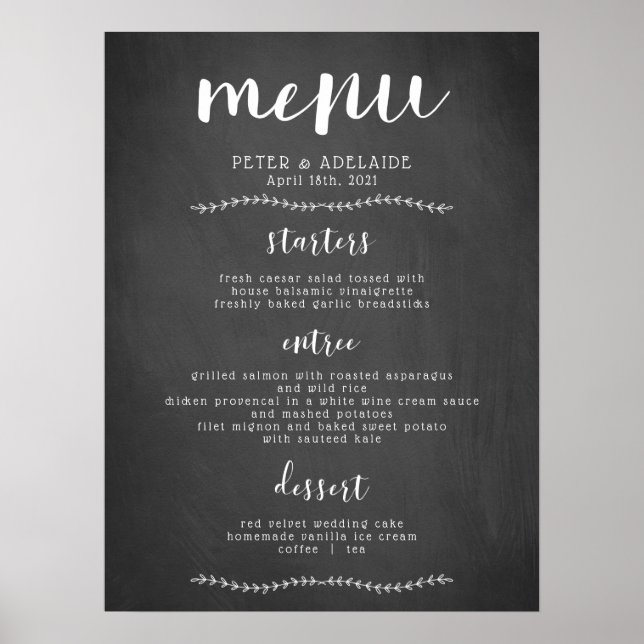 Rustic Blackboard Wedding Menu Sign/ Poster (Front)