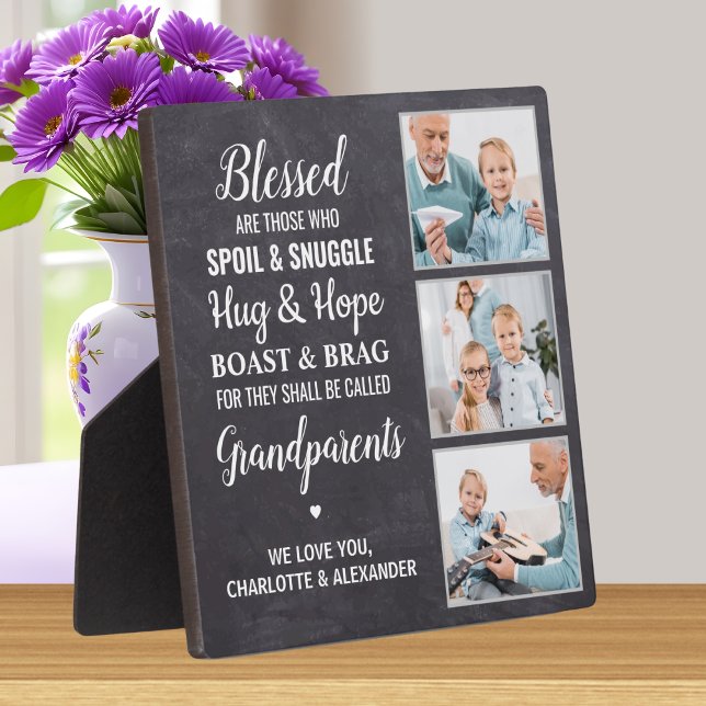 Rustic Blessed Grandparents Personalised 3 Photo Plaque (Creator Uploaded)