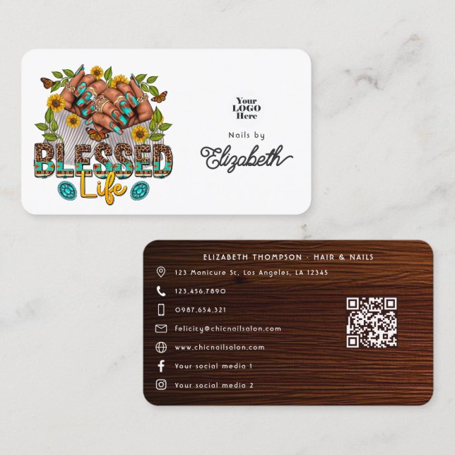 Rustic Blessed Life Black Woman Nail Salon Design Business Card (Front/Back)