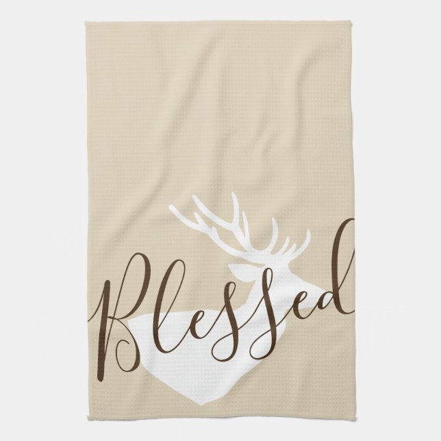 Rustic Blessed Script White Deer Silhouette Tea Towel (Vertical)