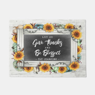 Rustic Blessed Thanksgiving Sunflower Pumpkin Name Doormat