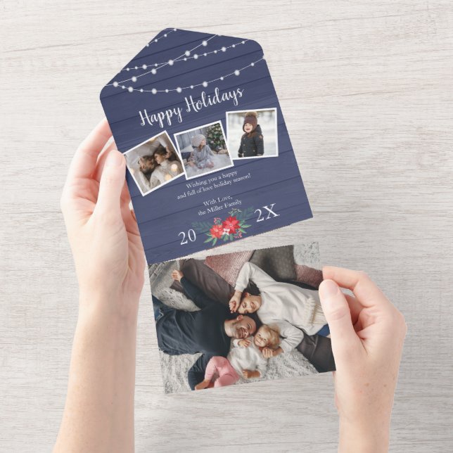 Rustic bllue wood and string lights photo card (Tearaway)