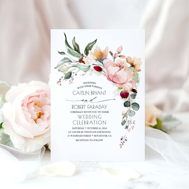Rustic Bloom and Faux Rose Gold Foil Wedding Invitation (Watercolor Flowers Rose Gold Foliage Wedding Invitation)