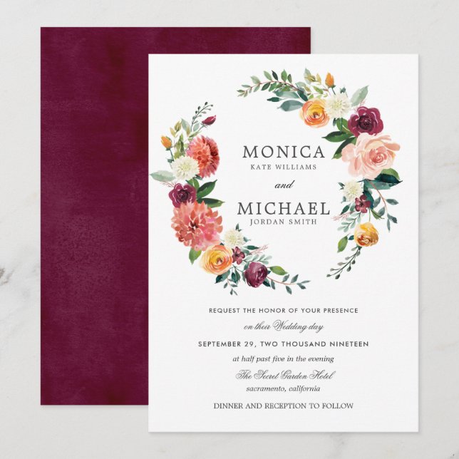 Rustic Bloom  | Autumn Floral Wreath wedding Invitation (Front/Back)