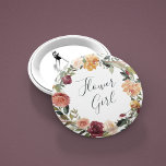 Rustic Bloom Flower Girl 6 Cm Round Badge<br><div class="desc">Identify the key players at your bridal shower or rehearsal dinner with our elegant,  sweetly chic floral buttons. Button features a watercolor floral wreath of roses,  peonies and mums in rich autumn hues,  with "flower girl" inscribed inside in hand lettered script. Designed to match our Rustic Bloom collection.</div>