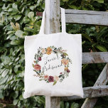 Rustic Bloom | Junior Bridesmaid Tote Bag<br><div class="desc">Rustic elegant bridal party tote features a watercolor floral wreath of roses,  peonies and mums in rich autumn hues,  with "junior bridesmaid" inscribed inside in hand lettered script. Designed to match our Rustic Bloom wedding and event collection.</div>