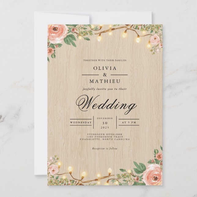 Rustic Bloom String Lights Wedding Invitation (Front)