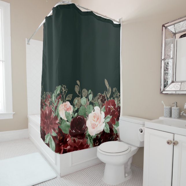Rustic Bloom | Terracotta and Marsala Red Garland Shower Curtain (In Situ)