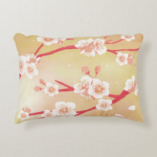 Rustic Blooming Peachy Cherry Blossom Flowers Decorative Cushion