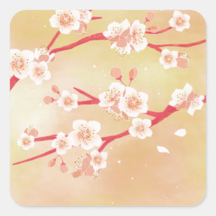Rustic Blooming Peachy Cherry Blossom Flowers Square Sticker