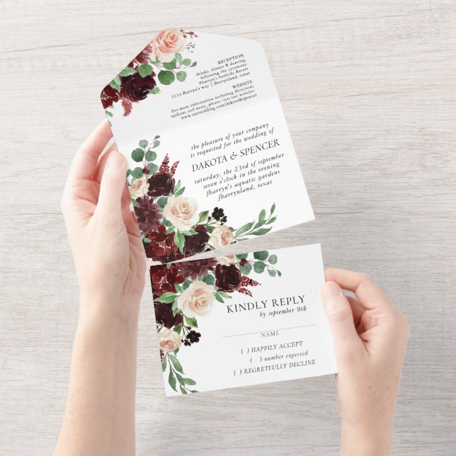 Rustic Blooms | Terracotta and Marsala Red Floral All In One Invitation (Tearaway)
