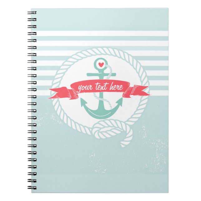 Rustic Blue Anchor Nautical Stripes Notebook (Front)