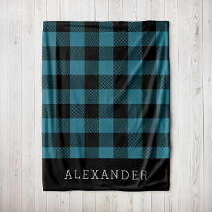 Rustic Blue and Black Buffalo Check Monogram Fleece Blanket