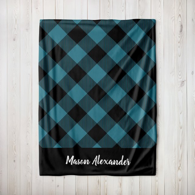 Rustic Blue and Black Buffalo Check Monogram Fleece Blanket (Creator Uploaded)