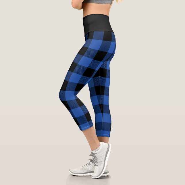 Rustic Blue and Black Buffalo Plaid Pattern Capri Leggings (Left)