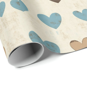 Rustic Blue and Brown Heart Pattern for Father’s Wrapping Paper