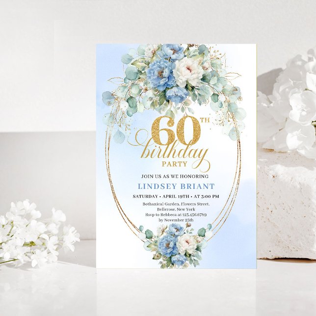 Rustic Blue and Gold 60th Birthday Invitation (Rustic Blue and Gold 60th Birthday Invitation)