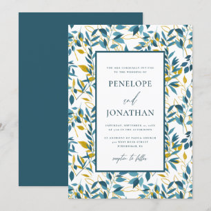 Rustic Blue and Gold Botanical Wedding Photo Invitation