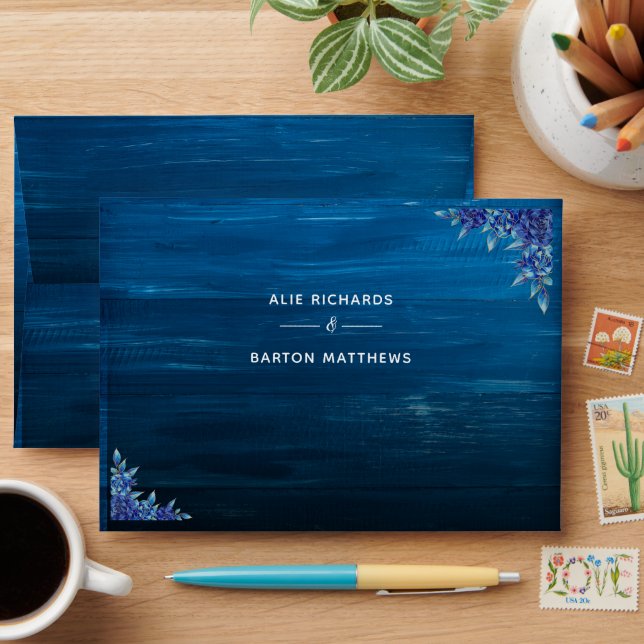 Rustic Blue and Gold Rose Wood Minimalist Wedding Envelope (Desk)