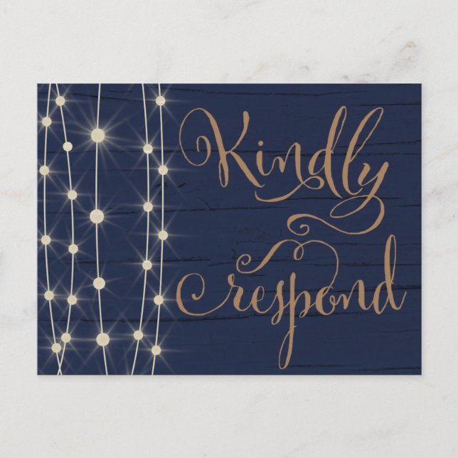 Rustic Blue and Gold Wedding RSVP Invitation Postcard (Front)