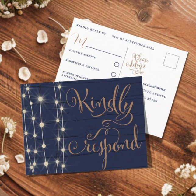Rustic Blue and Gold Wedding RSVP Invitation Postcard (Creator Uploaded)