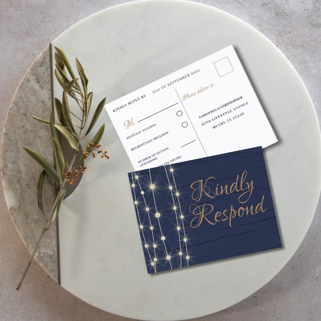 Rustic Blue and Gold Wedding RSVP Invitation Postcard (Creator Uploaded)