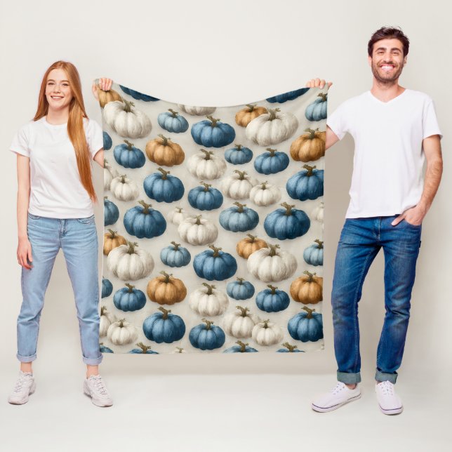 Rustic Blue and Neutral Pumpkins Fleece Blanket (In Situ)