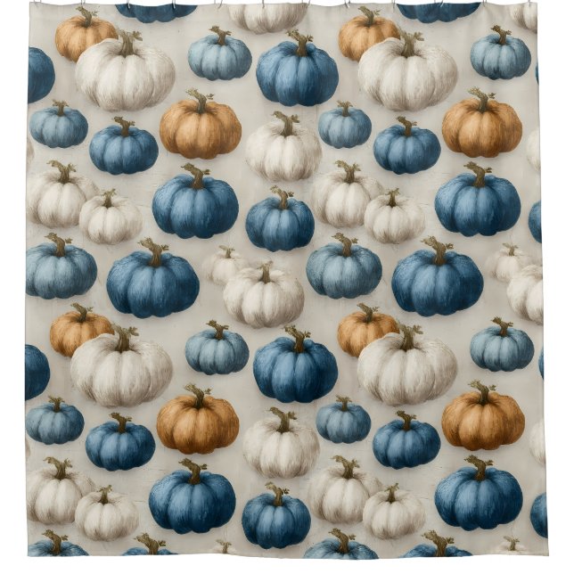 Rustic Blue and Neutral Pumpkins Shower Curtain (Front)