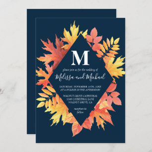 Rustic Blue and Orange Fall Leaves Wedding Invitation