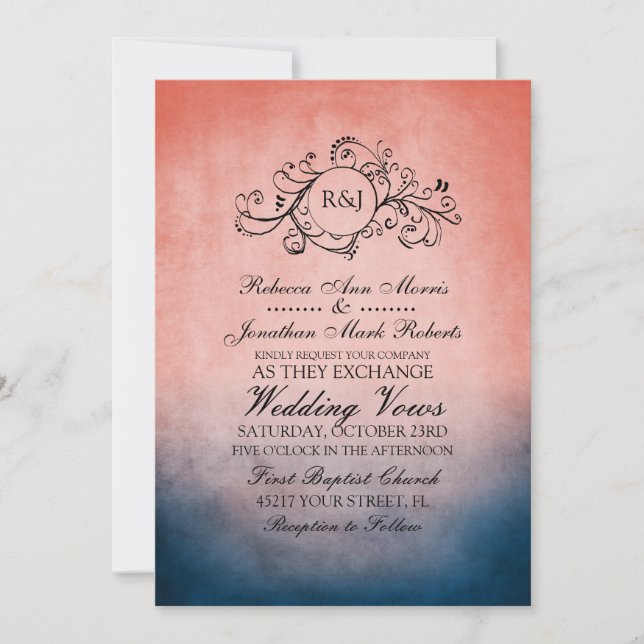 Rustic Blue and Pink Bohemian Wedding Invitation (Front)