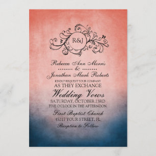 Rustic Blue and Pink Bohemian Wedding Invitation