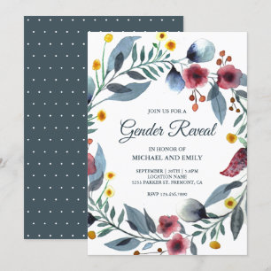 Rustic Blue and Pink Floral Wreath Gender Reveal Invitation