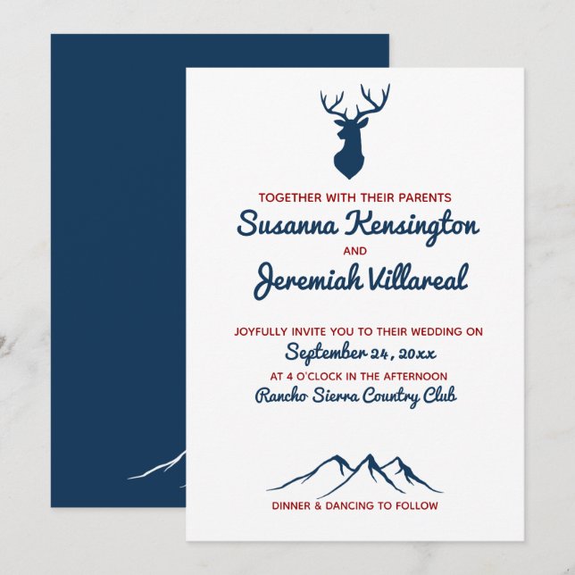 Rustic Blue and Red Deer Country Mountain Wedding Invitation (Front/Back)