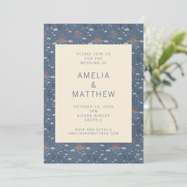 Rustic Blue and Rust Boho Nature Wedding  Invitation (Standing Front)