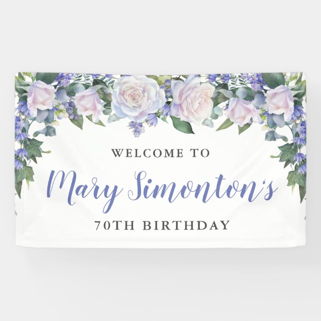 Rustic Blue and White Floral 70th Birthday Banner (Horizontal)