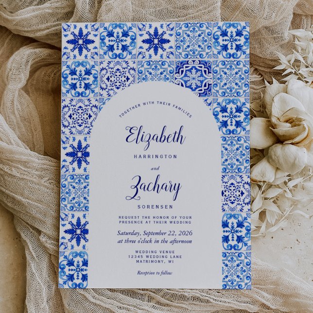 Rustic Blue Arch Portuguese Tile Wedding Invitation (Creator Uploaded)