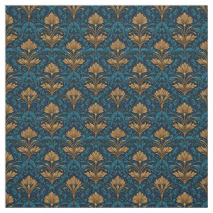 Rustic Blue Art Nouveau Bold Vintage Gold Floral Fabric