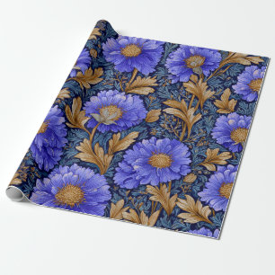 Rustic Blue Art Nouveau Bold Vintage Gold Floral Wrapping Paper